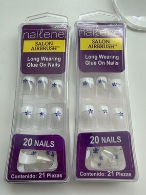 4 set Nailene Salon Airbrush White French Glue-On Nails with Blue Floral Accent
